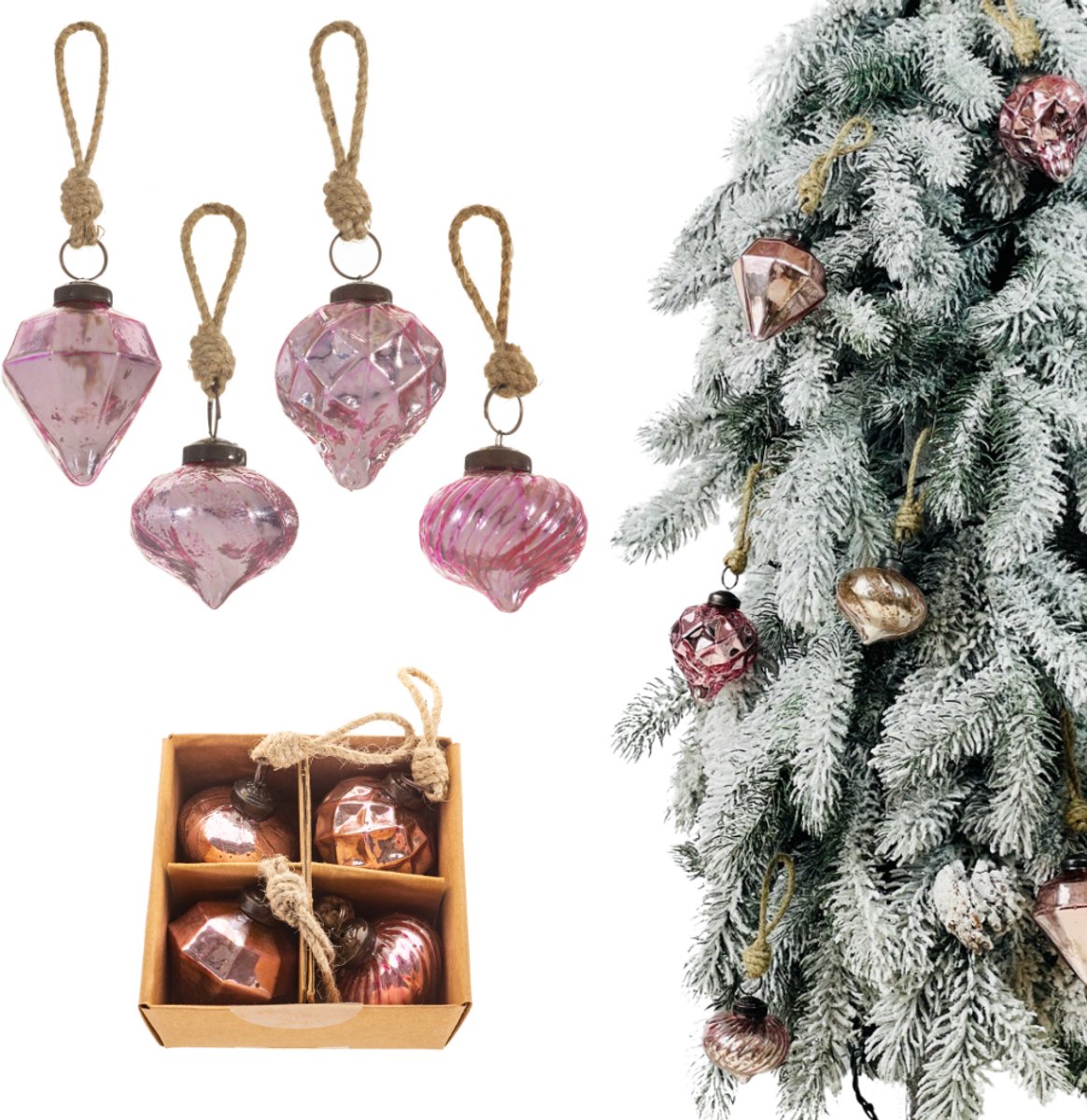 Inspiruj - Glazen Kerstbal Set - Roze - 4 Stuks - 5 cm