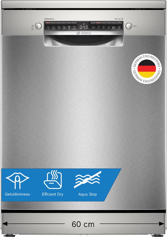 Bosch SMS4EAI28E - Serie 4 - Vrijstaande vaatwasser - 60 cm - Geborsteld staal - Anti-fingerprint - Energielabel A - Home Connect