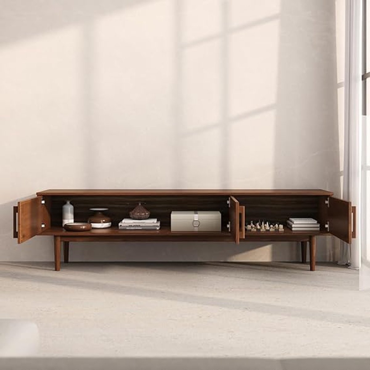 LumiVetro Luxe LED TV Meubel Wit 170x36x38 cm met Lades en Glazen Planken – Modern Design TV Kast voor Woonkamer en Slaapkamer – Casa Dorada