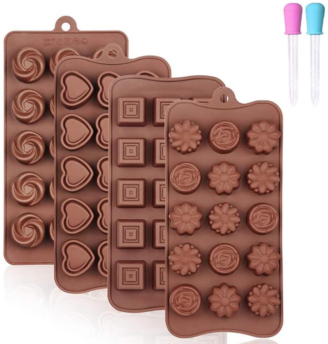 Set van 4 siliconen bakvormen - Chocoladevormen - Snoepvormen - Inclusief 2 pipetten - Voedselveilig, antiaanbaklaag - Geschikt voor chocolade, snoep en boter, diverse vormen