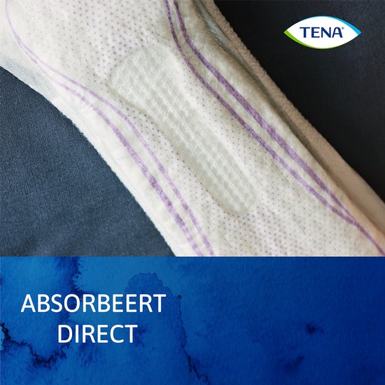 TENA Discreet Extra verband met paarse lijnen en de tekst 'ABSORBEERT DIRECT'.
