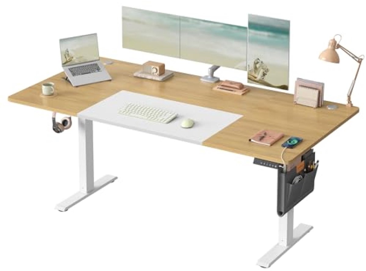 Elektrisch verstelbaar bureau met groot blad, USB-C aansluiting en geheugenfunctie - eiken look