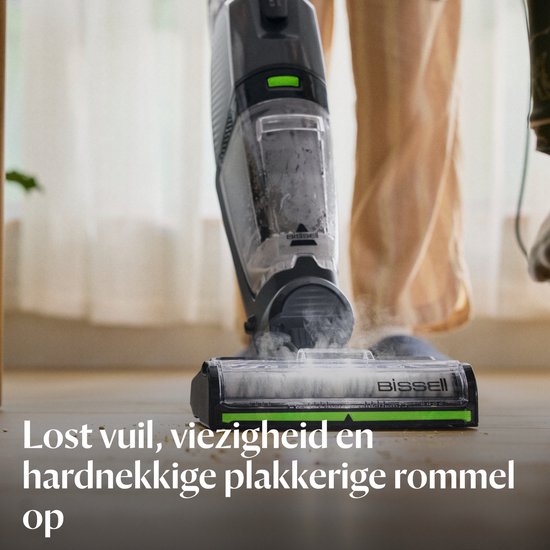 BISSELL stofzuiger met stoom die vuil en viezigheid opzuigt van de vloer.