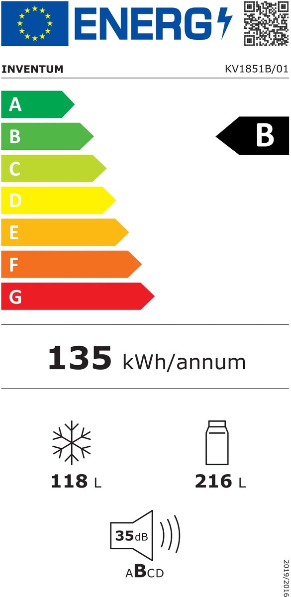 Inventum KV1851B No Frost energiezuinige koel-vriescombinatie - 185cm hoog - 334L - Zeer stil: 35 dB - Superkoelen - Supervriezen - Vrijstaand - Zwart — afbeelding 2