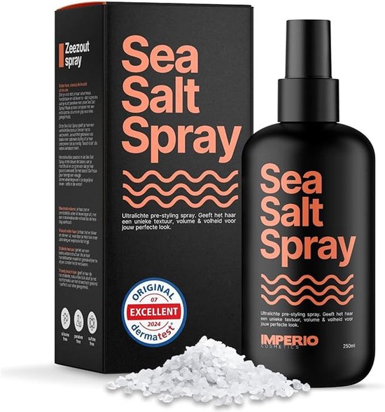 Fles en doos IMPERIO Sea Salt Spray met zeezout kristallen. "Zeezout spray" en "Original excellent dermatest."