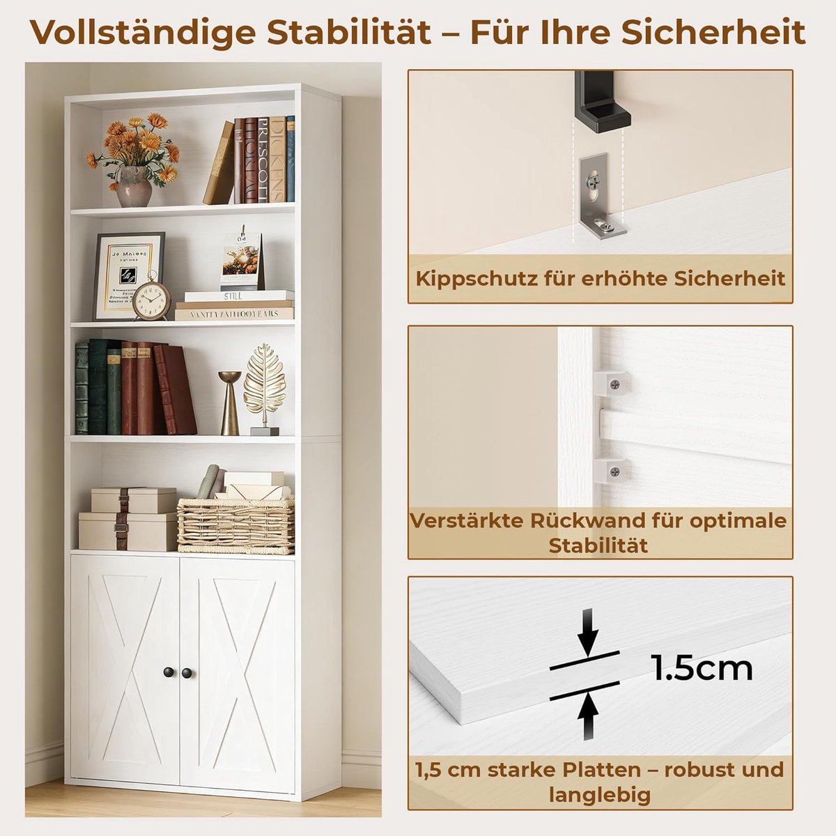 Boekenkast met Deuren 7 Vakken – abtkantoor Hoge Kast 209 cm – Smalle Scandinavische Opbergkast met Verstelbare Plank – Witte Staande Boekenkast voor Woonkamer, Kantoor & Keuken