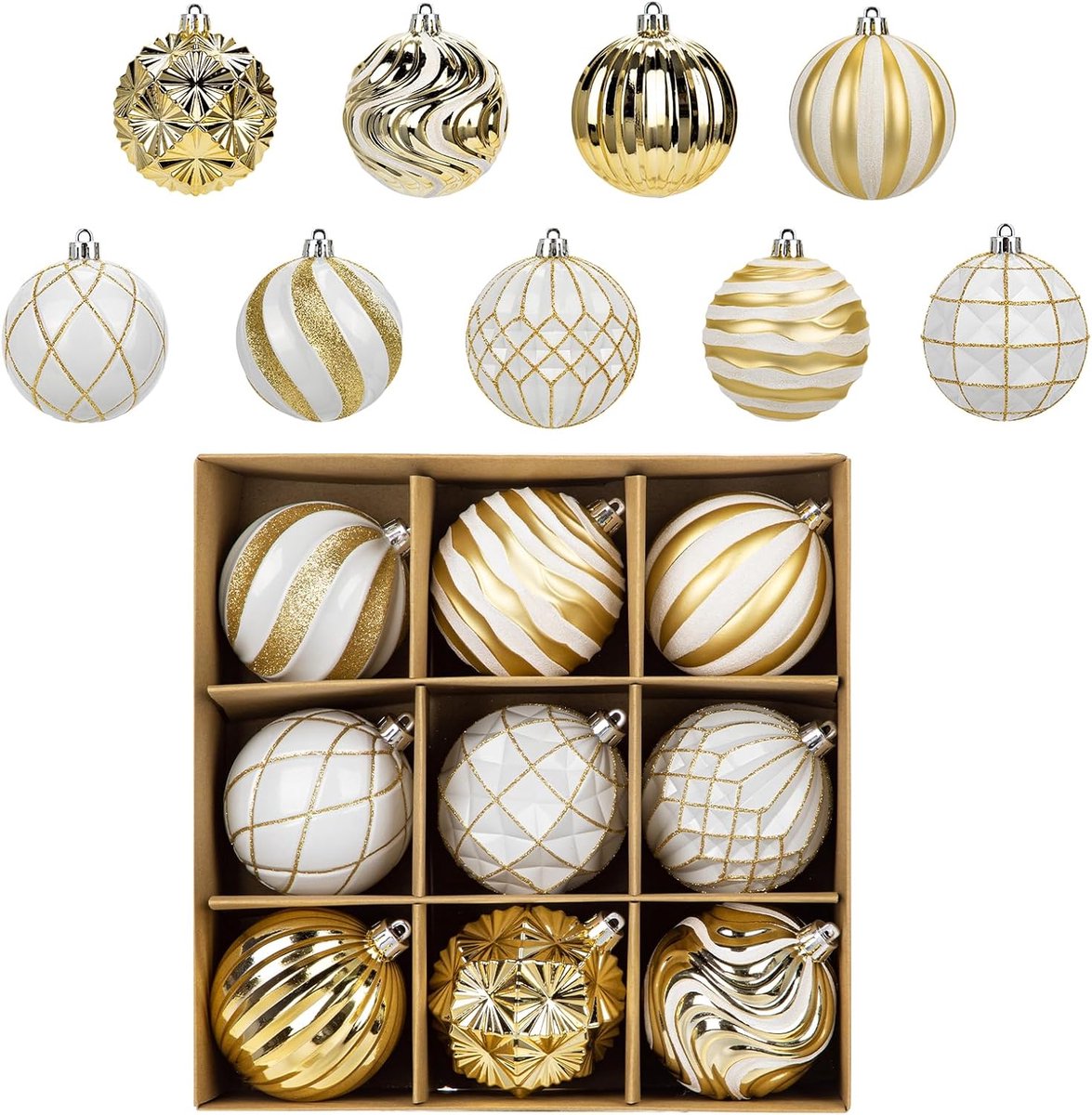 9PCS Kerstballen Goud Wit - Kerstboom Decoraties - Feestelijke Versieringen - Christmas Ornamenten - Winterse Sfeer - Thuis Decoratie