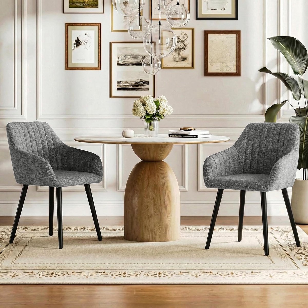 Eetkamerstoelen Set van 2 Velvet Grijs met Armleuningen en Zwarte Houten Poten – Ergonomische Luxe Stoelen 57,5 x 63 x 82 cm