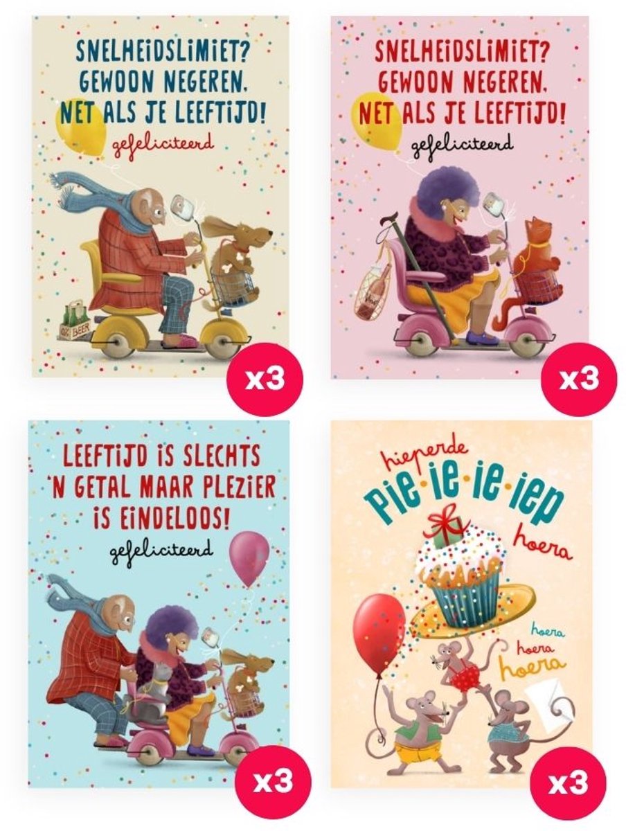 Fishuals - 12 verjaardagskaarten met enveloppen - Verjaardag - Grappig - Wenskaarten