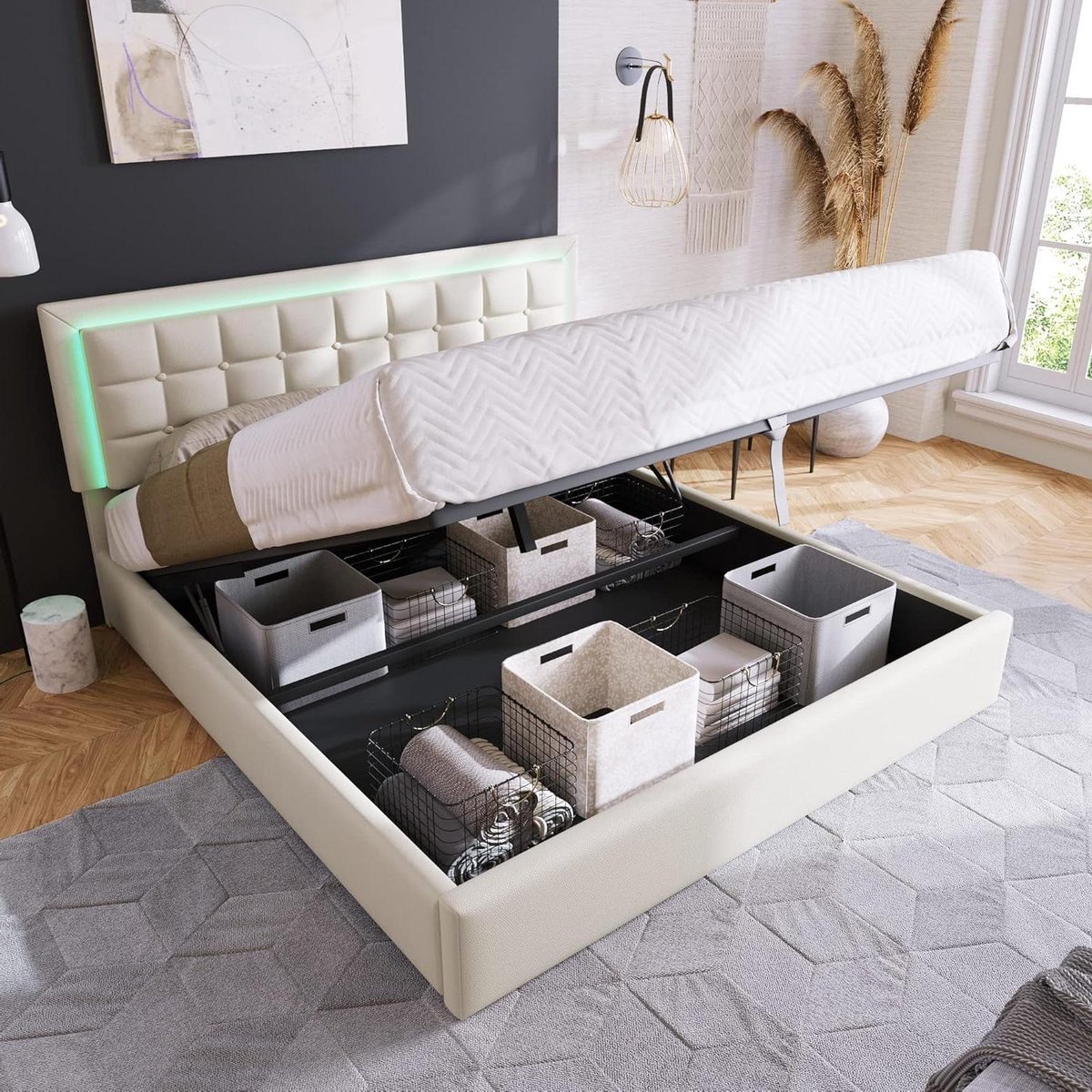 Gestoffeerd Bed - Lederlook Bed - Opbergen en Slapen - Met LED Verlichting - 180x200 cm - Wit