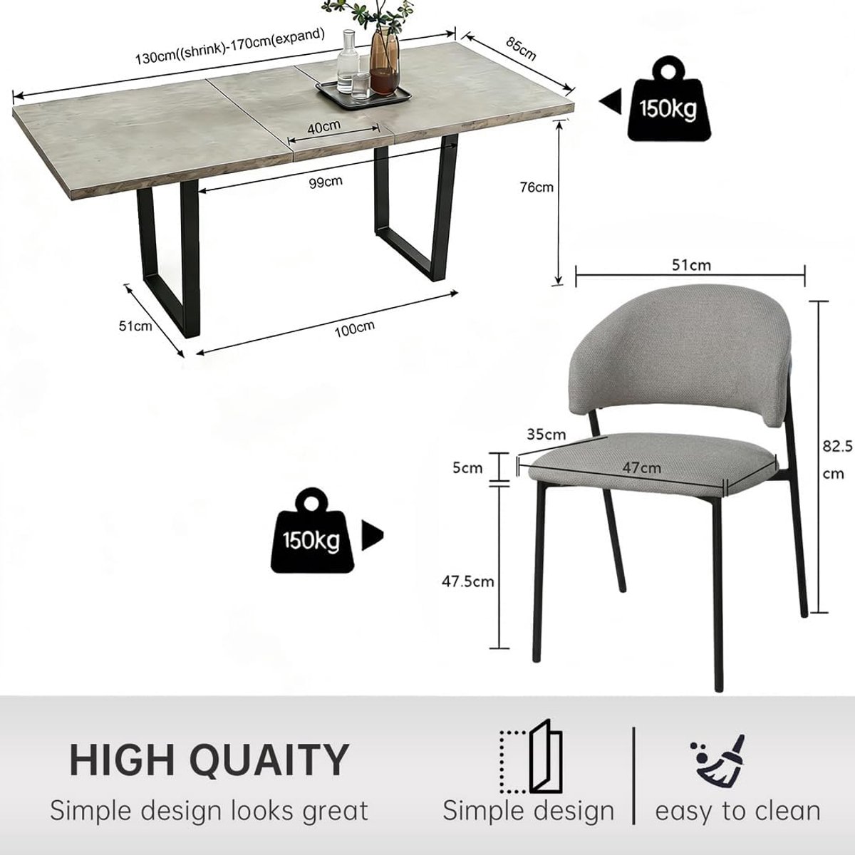 Uitschuifbare eettafel 130-170 cm grijs betonlook MDF met 6 linnen eetkamerstoelen set – moderne industriële eettafel set 6 personen rechthoekig