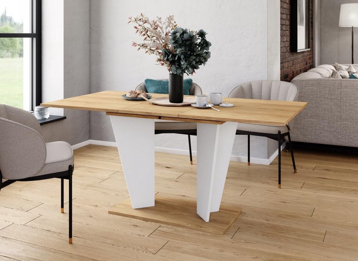 Uitschuifbare eettafel 120-160 cm modern rechthoekig eiken wit met synchroon uittreksysteem ABS-rand voor 4-6 personen – design eetkamertafel 120x80x76 cm