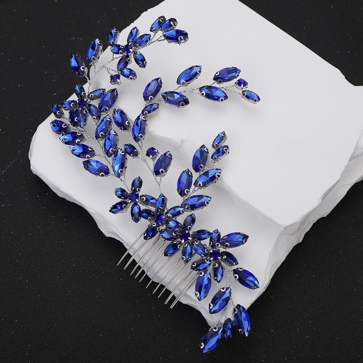 Bruids Haar Kam - Hoofddeksel Bloem - Bruiloft Accessoire - Handgemaakt Kristal - 23cm - Blauw