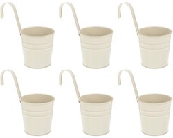 Bloempotten - 6 Stuks - Kleine hangende plantenbak - 16 x 10 cm - IJzer - Hek plantenbak - Met verwijderbare haak en drainagegat - Multifunctionele hangende plantenbak - Geschikt voor buiten, leuningen, patio's, veranda's - Huisdecoratie - Beige