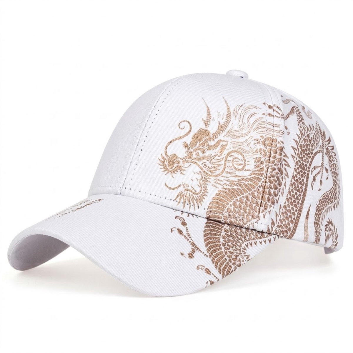 Wit dragon print baseball pet heren – cap met draak patroon en gebogen klep – verstelbare casual baseball pet met Aziatisch geïnspireerd design – witte heren pet voor outdoor en dagelijks gebruik