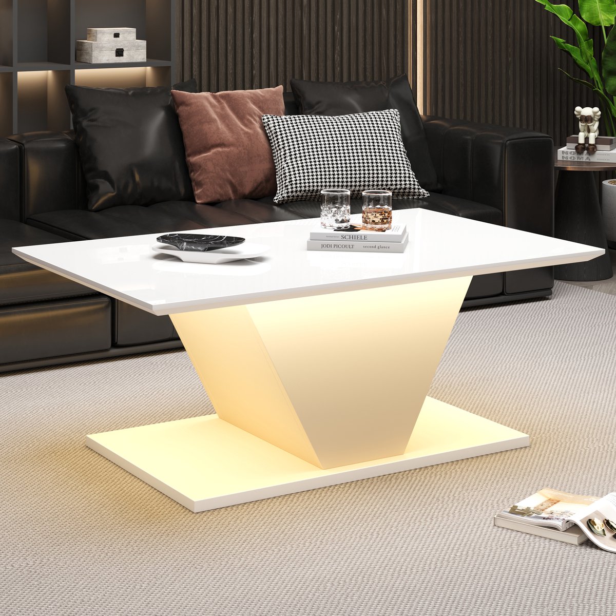 Lemonbest Salontafel - 100x50x46 cm - bijzondere vorm - led verlichting - hoogglans woonkamertafel - banktafel - bijzettafel - geschikt voor kleine ruimtes - wit - V-vorm