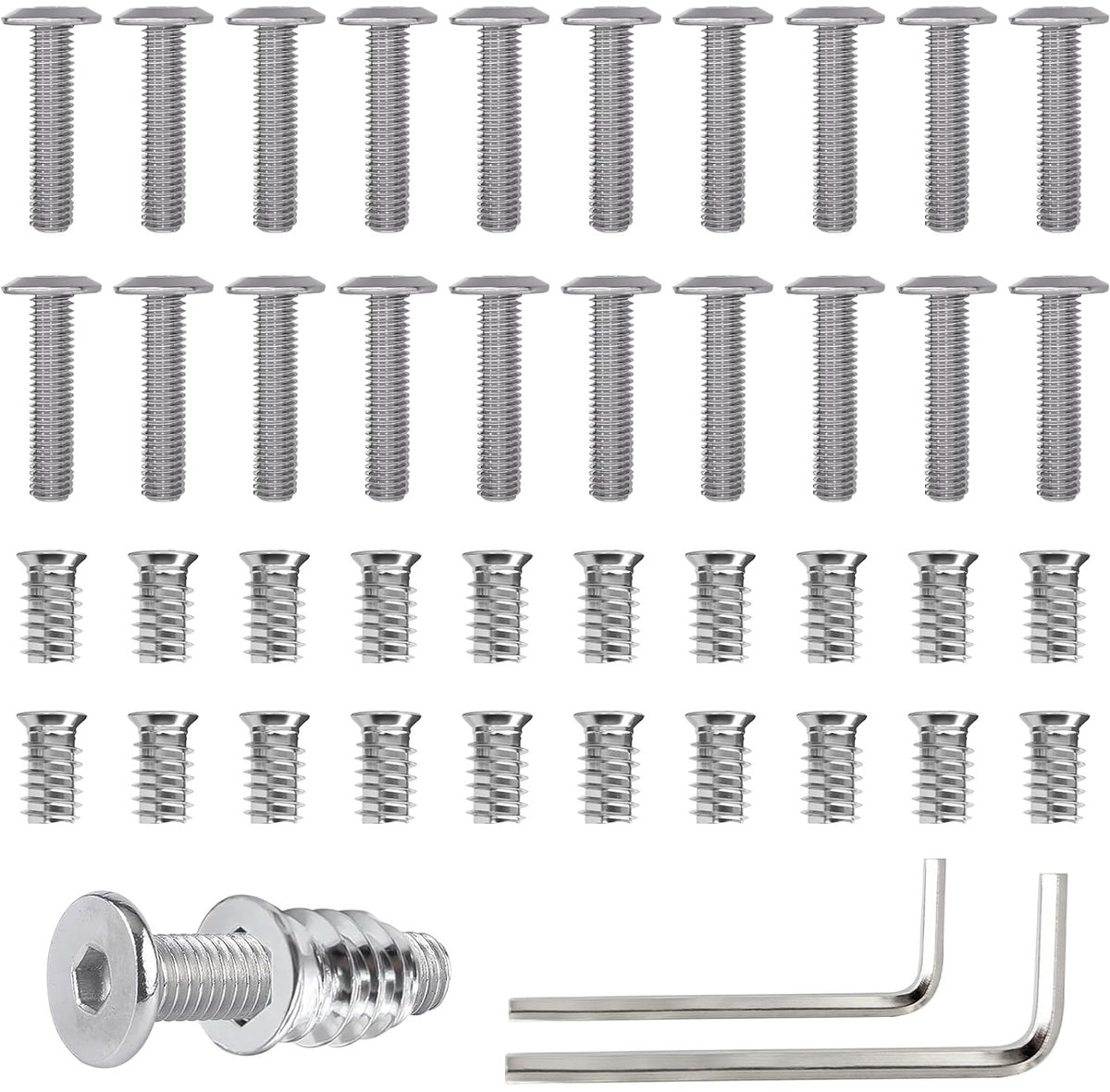 20pcs M6 X 20 Schroeven en Schroefmoeren - M6 X 15mm Schroefinsert - Houten Meubels - RVS met 2 Stuks 6-Zijdige Moer Inserts voor Machine Apparatuur