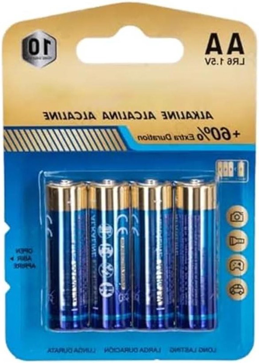 Alkalinebatterijen AA - Wegwerpbatterijen 15V - Apparaten Aandrijven - Kwikvrij en Lekvrij - 4 stuks - Zilver