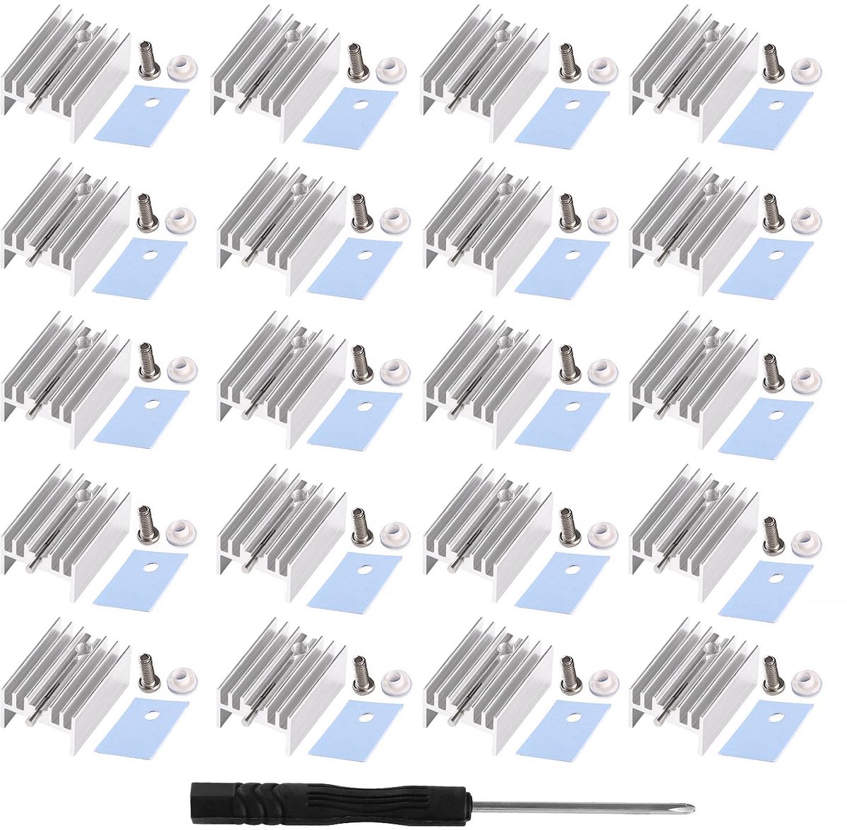 20Pcs TO-220 Aluminium Heat Sink en Isolator/Montagekits voor MOSFET Transistor - Heat Sink met Noodling + M3 Schroef + Schroefring + Isolator Rubber Silicone, 20x15x10mm