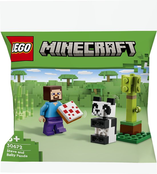 LEGO Minecraft polybag 30672 met Steve, een baby panda die bamboe eet.
