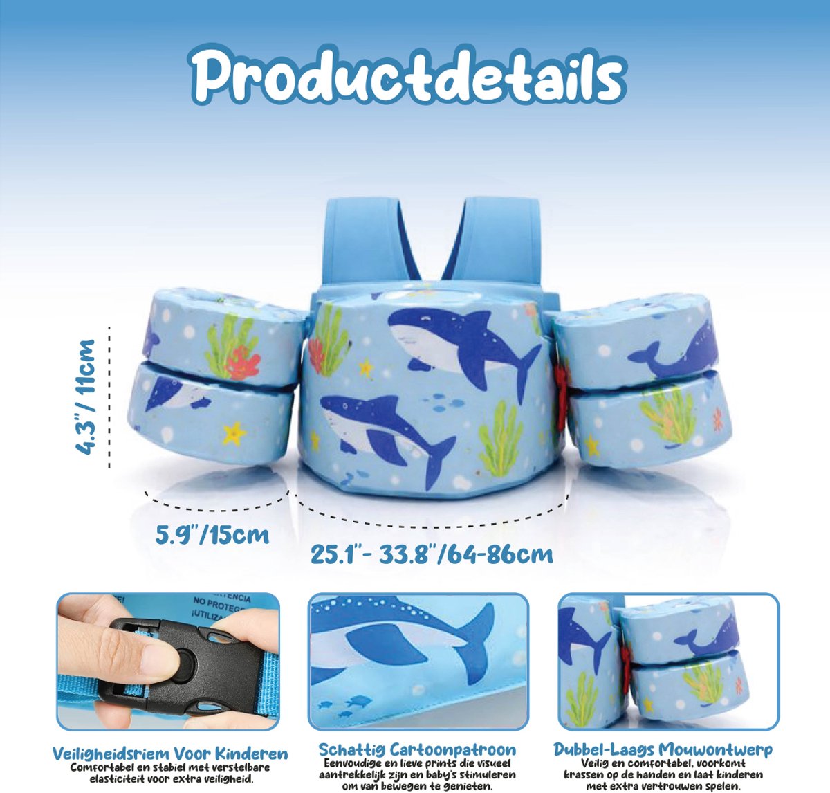 Montzys® Puddle Jumper Blauw - Zwembandjes & Zwemvest - Reddingvest Kind - Drijfvest & Zwemvleugels - Swimtrainer & Zwemgordel - Kinderen van 2 tot — afbeelding 7