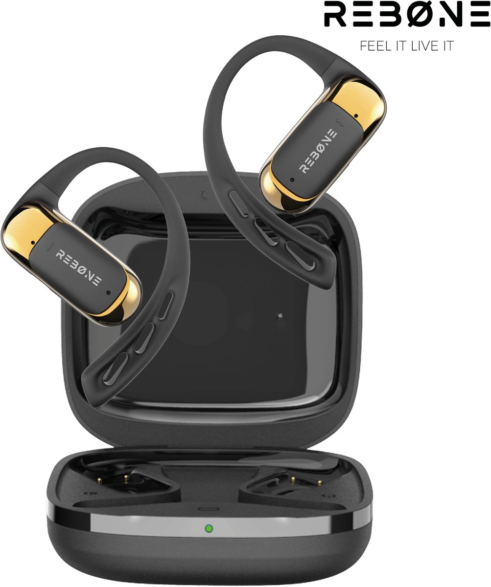 REBØNE AERO Sport Oortjes - Oordopjes Draadloos - Bone Conduction Headphone - Open ear - Earbuds Wireless - Draadloze Koptelefoons - Bluetooth Koptelefoon - USB C - Waterdicht - Zwart / Goud