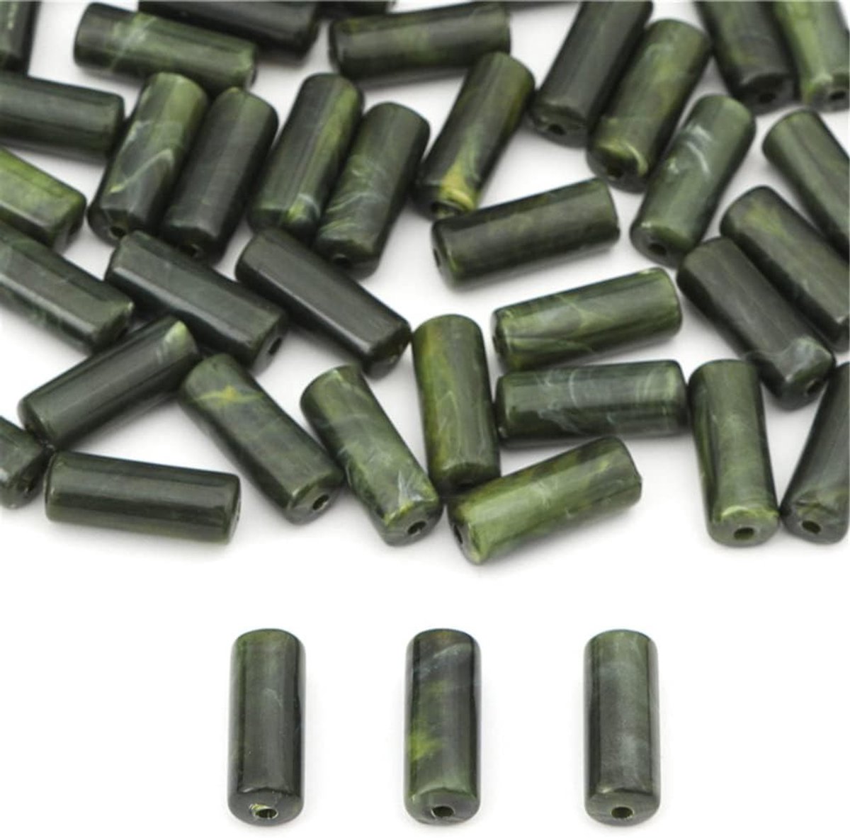 20 Stuks Lange Acryl Tube Kralen in Vintage Stijl voor DIY Sieraden, Decoraties en Ambachten - 8mm x 20mm met 2mm Draadgat in Legergroen