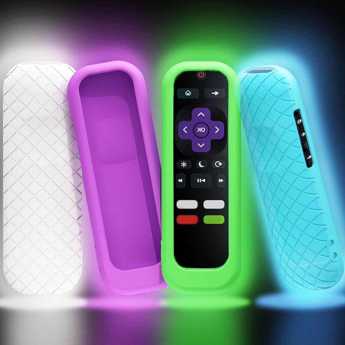 Roku Afstandsbediening Hoesjes - Controller Beschermers - Bescherming Afstandsbediening - Gloeit in Donker - 4 Stuks - Blauw Groen Paars Wit