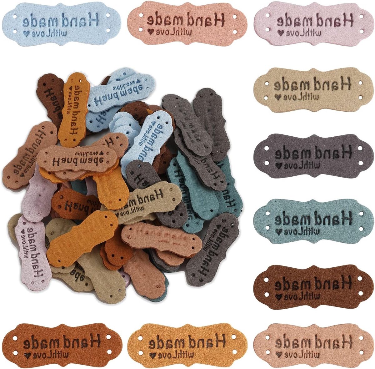 50 Stuks Handgemaakte Leer Labels met Hartjes, Kleurige Labels voor Ambachten en Modeaccessoires zoals Tassen, Sjaals en Kleding
