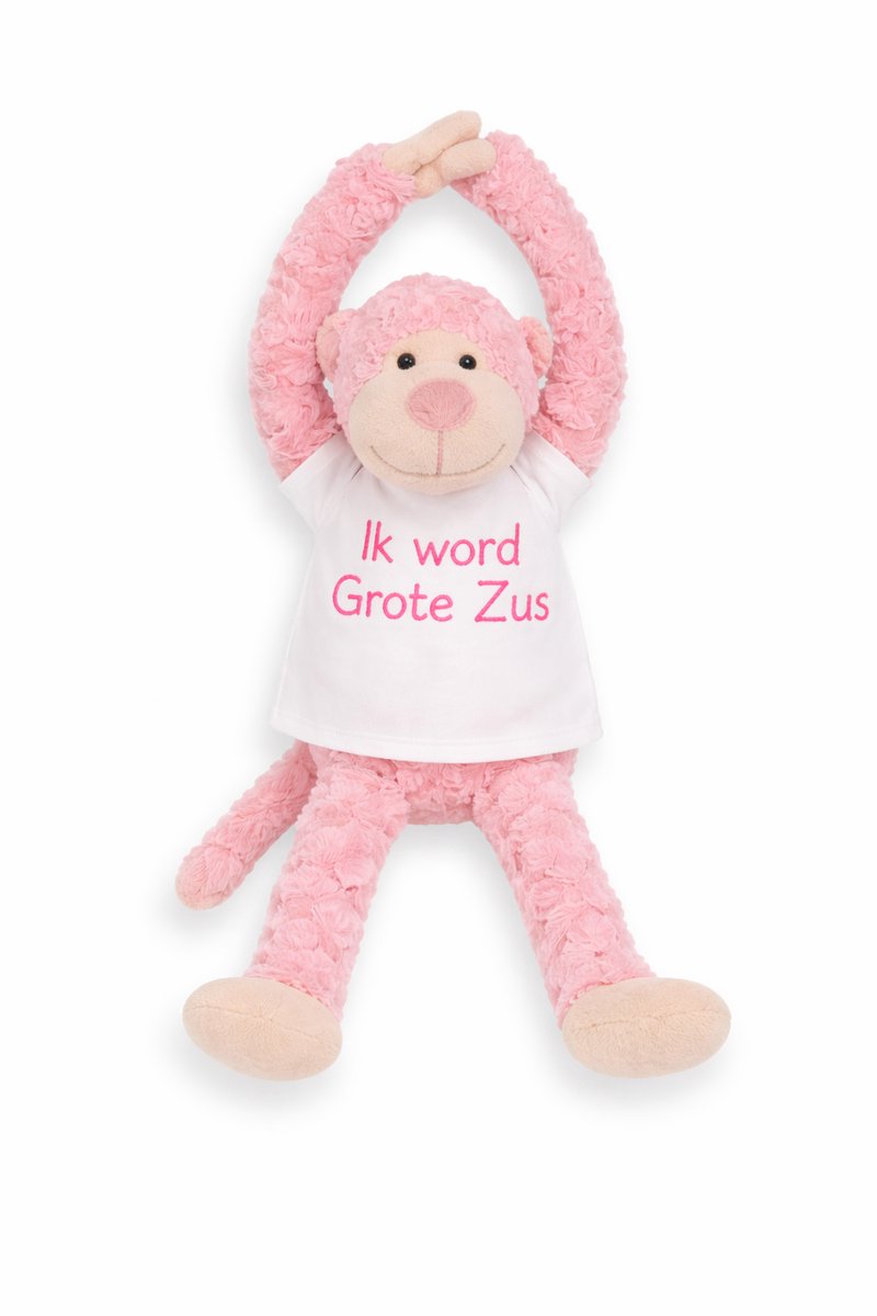 Knuffel Aap met Geborduurd Shirt “Ik word grote zus” – Zwangerschap Aankondiging – Cadeau Grote Zus – Knuffel met Tekst – Baby Aankondiging – slinger aap