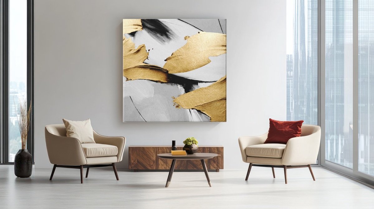 Trendex Global Vierkant Canvas Schilderij Luxe Abstract - Zwart Wit met Gouden Accenten - Wanddecoratie - 40 x 40 cm