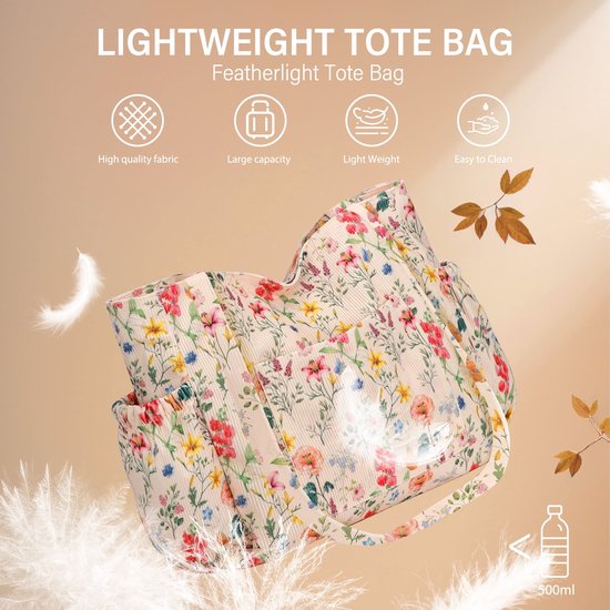 Sac fourre-tout léger en velours côtelé crème avec imprimé floral vintage. Rayures verticales beiges sur le tissu. Entouré de plumes et de feuilles d'automne.