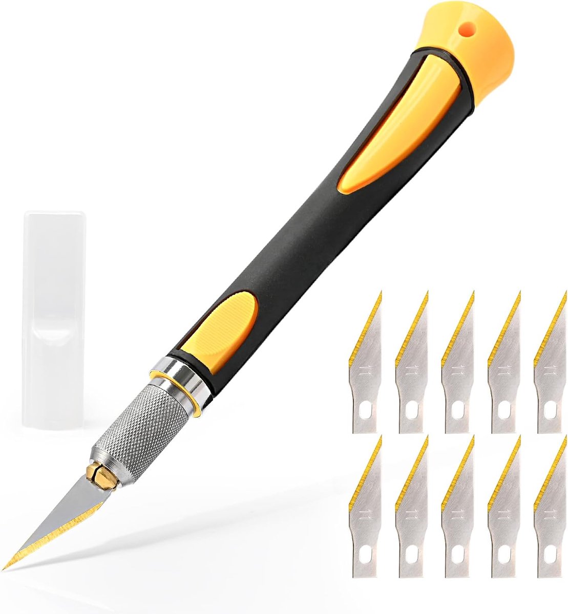 Precision Cutter met 10 Titanium Blades - Scalpel Model Making - Non-Slip Rubber Precision Cutter voor Artwork en Sculptuur - Geel