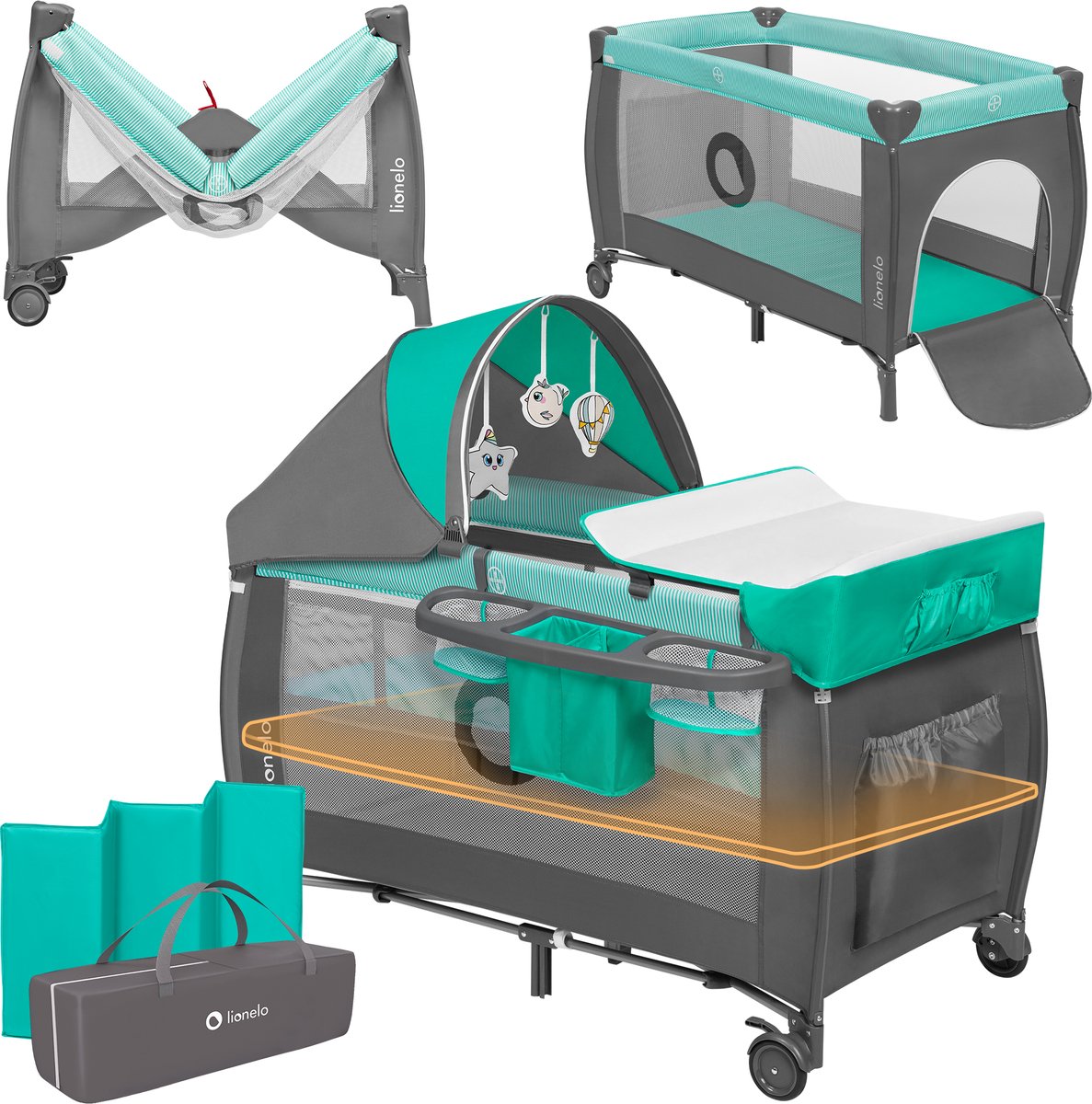 Bol.com Lionelo Sven Plus 2in1 Meegroeibed & Campingbedje - 127x60 cm – Co-sleeper & Reisbed – Tot 15 kg – Inclusief commode, or... aanbieding