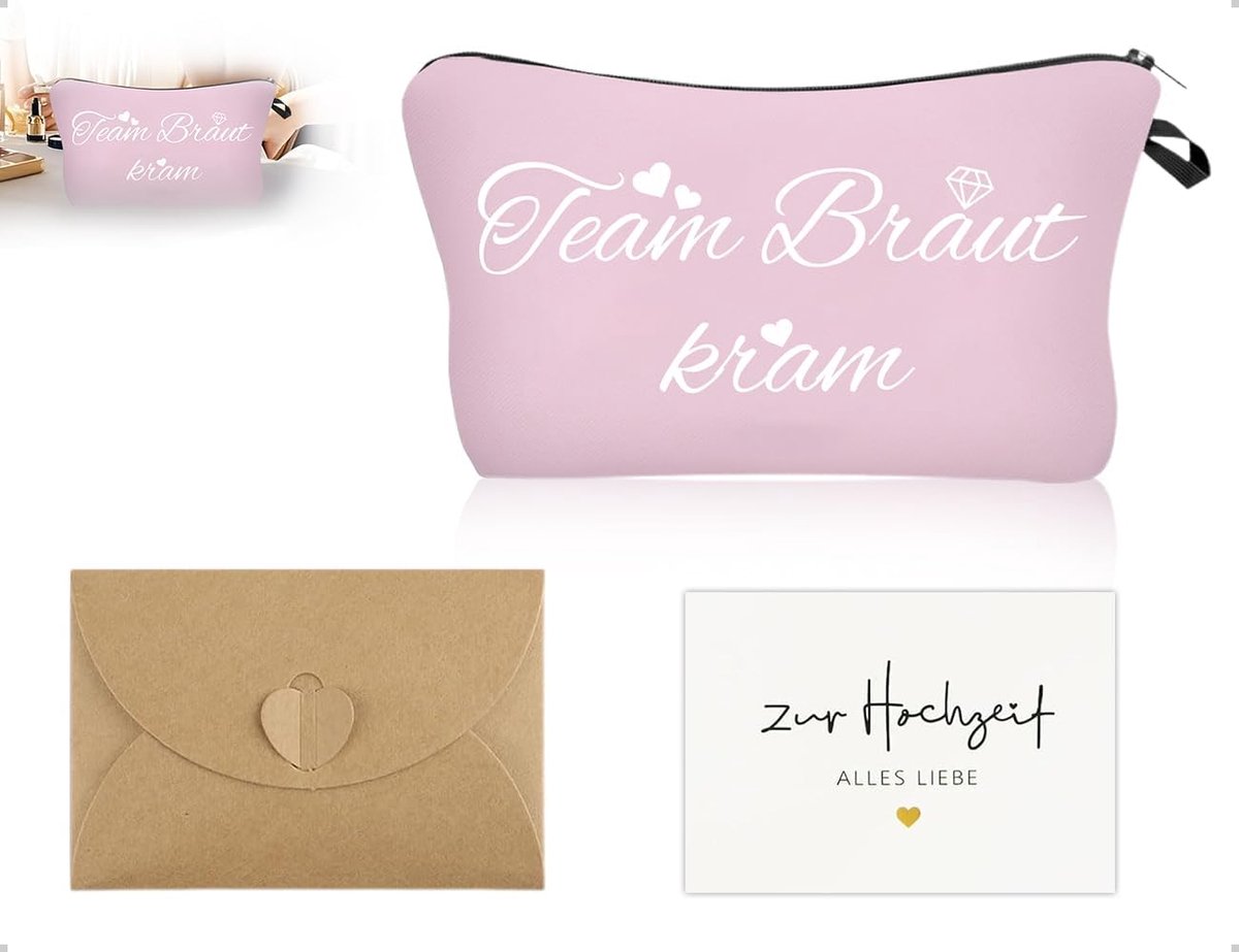 Kram Makeup Bag - Team Bride - Makeup Bag Gift Decoration - Bridal Bag with Cards and Envelopes - Hen Party Accessories voor Wedding en Bridal Party - Pink - 18 x 16 x 5.5 cm