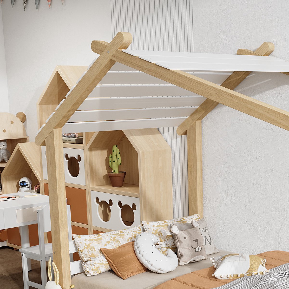 FloraGrace Kinderbed 90x190 cm - Huisvormig Eenpersoonsbed - Met Lattenbodem - Zonder Matras - Grenen Hout En MDF - Wit Naturel Natuurlijk