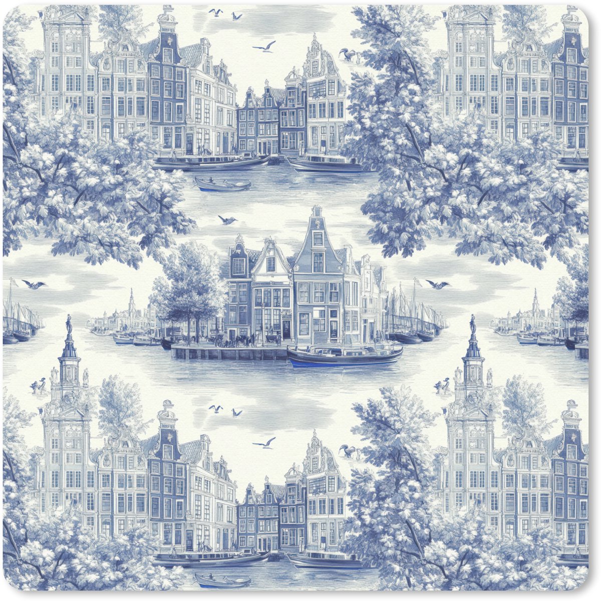 Muismat 30x30 cm - Mousepad Huizen - Bomen - Water - Vogels - Blauw - Muismatten
