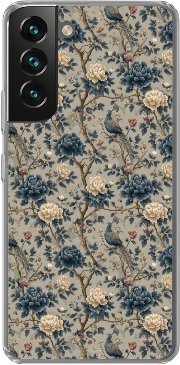 Telefoonhoesje Geschikt voor Samsung Galaxy S22 hoesje - Pauw - Bloemen - Blauw - Siliconen Telefoonhoesje Telefoonhoesje