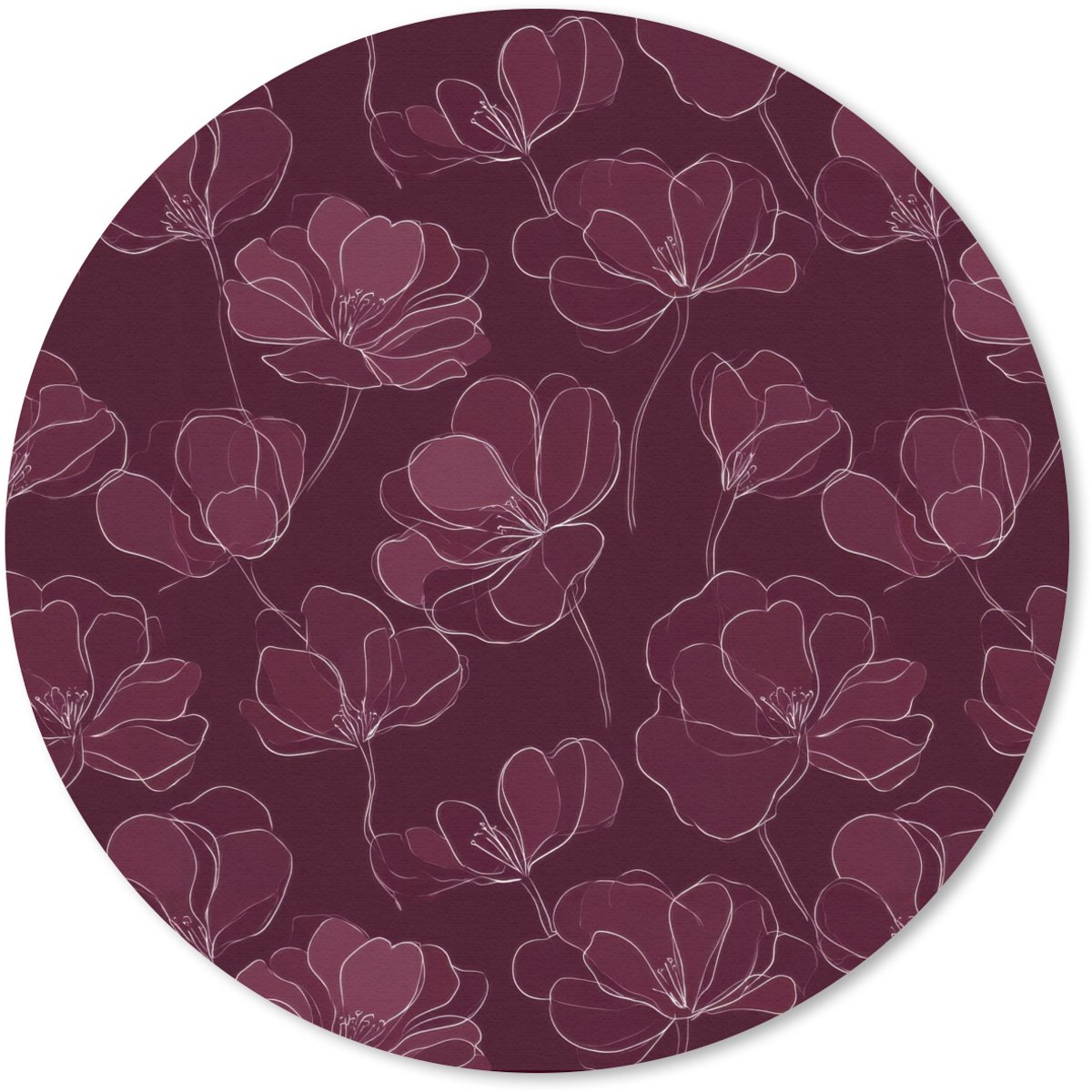 Muismat rond 40x40 cm - Mousepad Bloemen - Patroon - Bordeauxrood - Ronde muismatten
