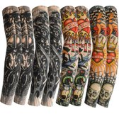 Multicolor zwart tattoo mouwen armmouwen set voor heren en dames – 8 stuks elastische tattoo sleeves met realistische tattoo print, schedel, biomechanisch patroon en old school tattoo designs – naadloze arm sleeves
