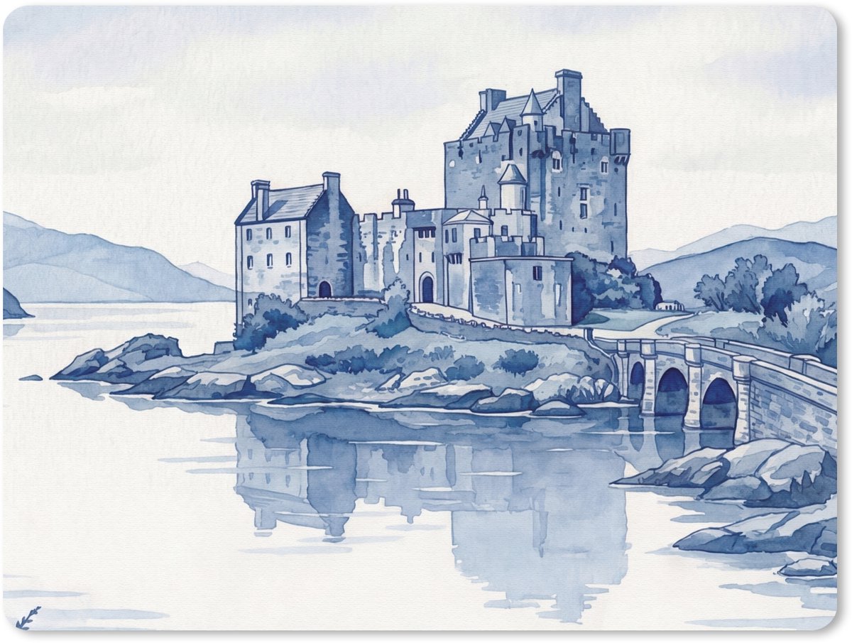 Muismat 12x10 cm - Mousepad Schots - Kasteel - Blauw - Aquarel - Muismatten