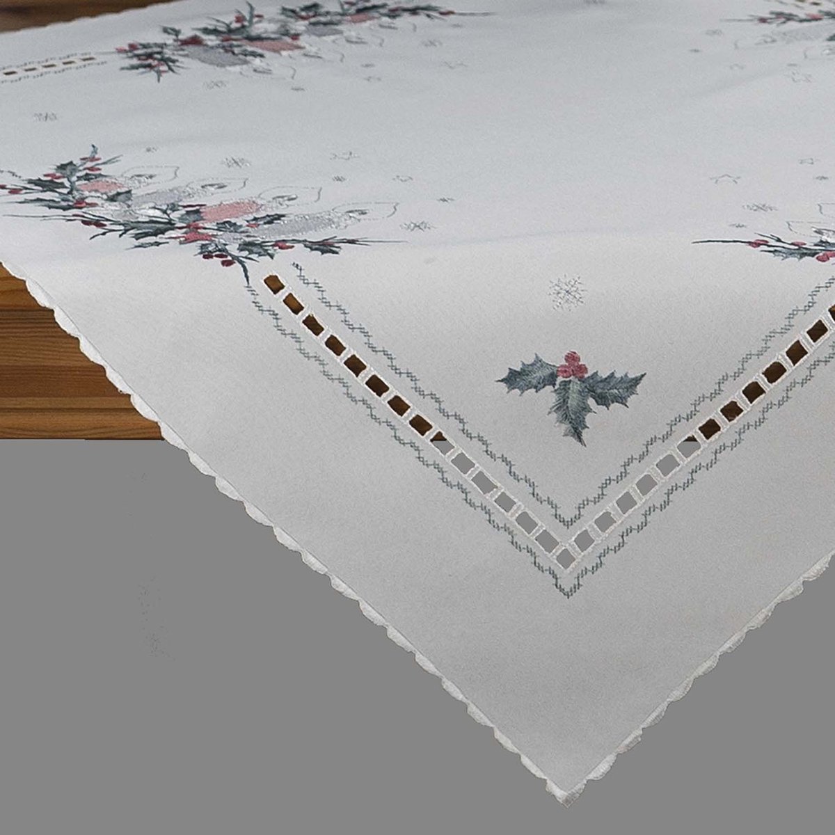 Tafelkleed – Kerst – Geborduurd – Offwhite met pastelkleur kaarsen & hulst – 85 x 85 cm