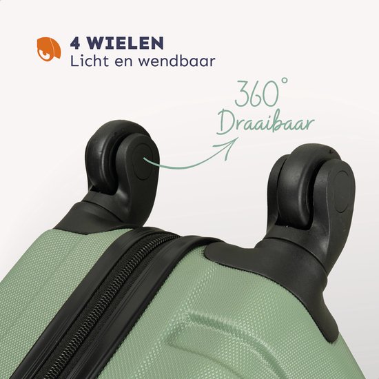 Drie van de vier 360 graden draaibare wielen van de groene koffer.
