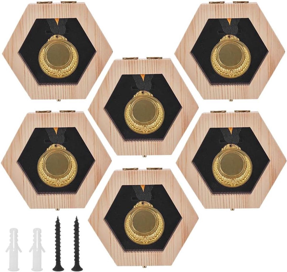 Medaille Hanger Display - Medaillehouder Doos - Trofeeën Tonen - Uniek Zeshoekig Ontwerp - 125x14x35 cm - Houtkleur