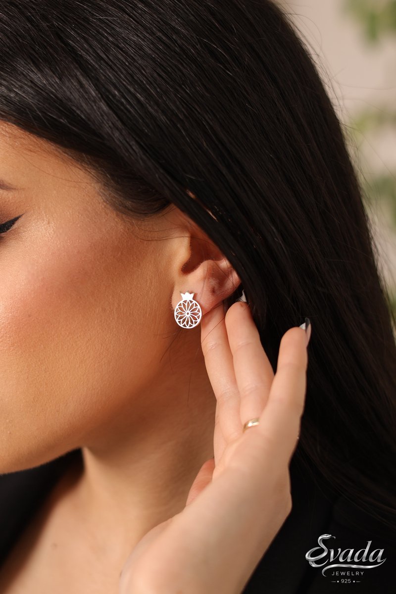 Evada 925 Sterling Zilveren Oorbellen – Granaatappel Design – Minimalistisch – Dames Studs