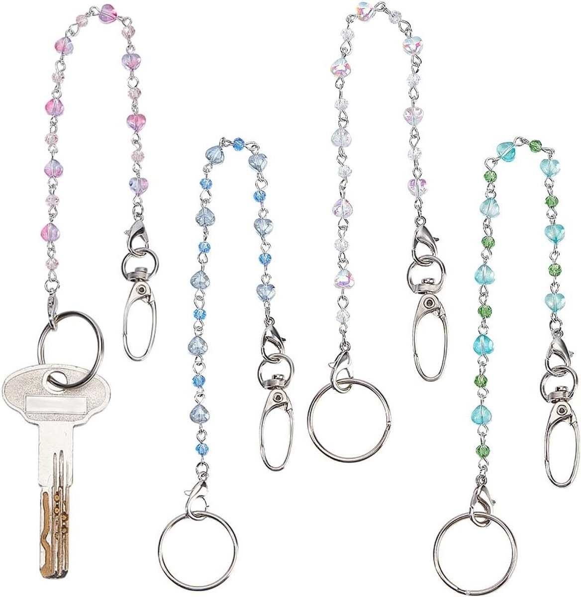 4 Stuks Sleutelhanger met Kralen, 27 cm Lange Multi-gekleurde Glaskralen Sleutelhanger met Draaihaak voor Vrouwen, Ideaal voor Sleutels en Portemonnees