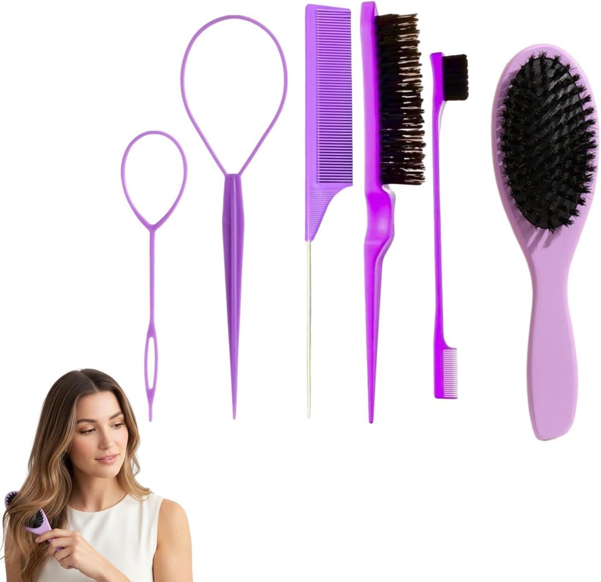 Set van 6 haarstylingborstels - paarse anti-klit borstel met randborstel - ideaal voor nat en droog haar, perfect voor thuis en op reis