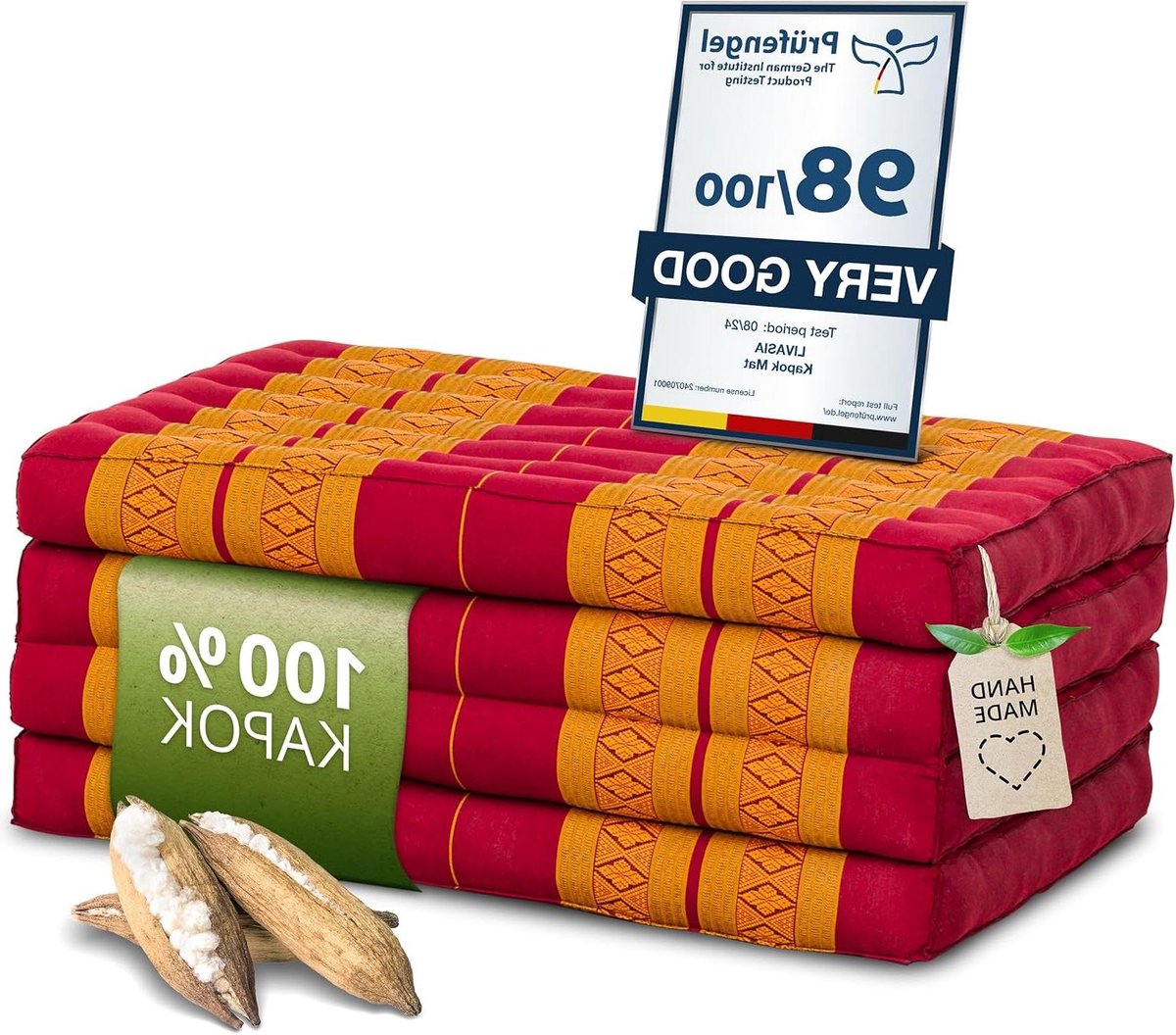 Klapmatras Kapok - Gastenmatras Plooibaar - Kamperen en Ontspannen - Natuurlijk en Duurzaam Gevuld - 200x80x8cm - Rood/Geel
