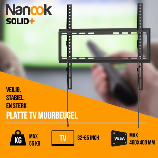Nanook Solid+ platte tv-muurbeugel, geschikt voor 32-65 inch tv's, VESA 400x400, max. 55 kg.