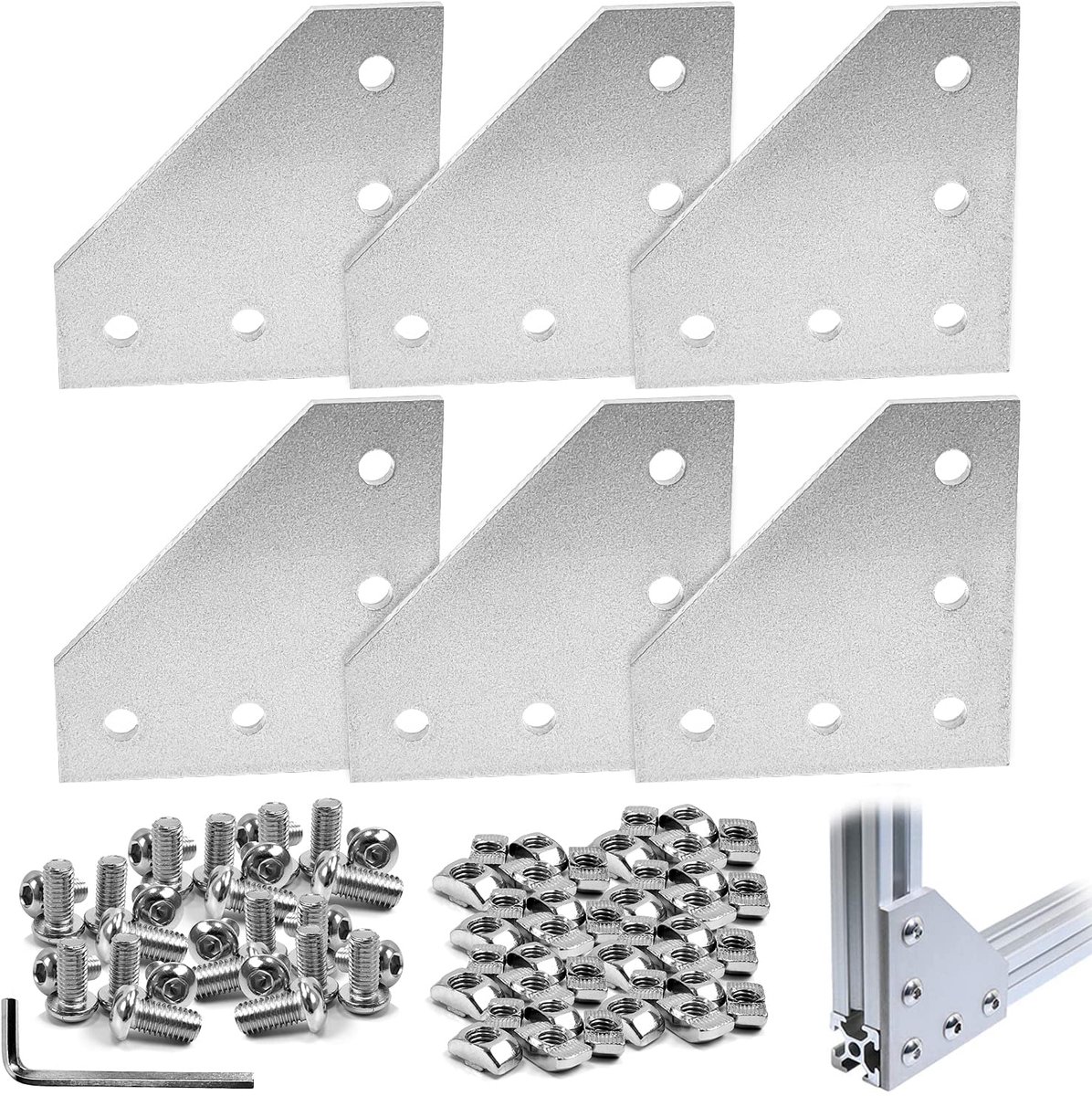 6 x L-vormige aluminium hoekprofielen - 5-gats geperforeerde plaat - conische profielen - 30 M6 moeren - 30 M6 schroeven - 1 platte sleutel M4 - voor aluminium profiel 3030
